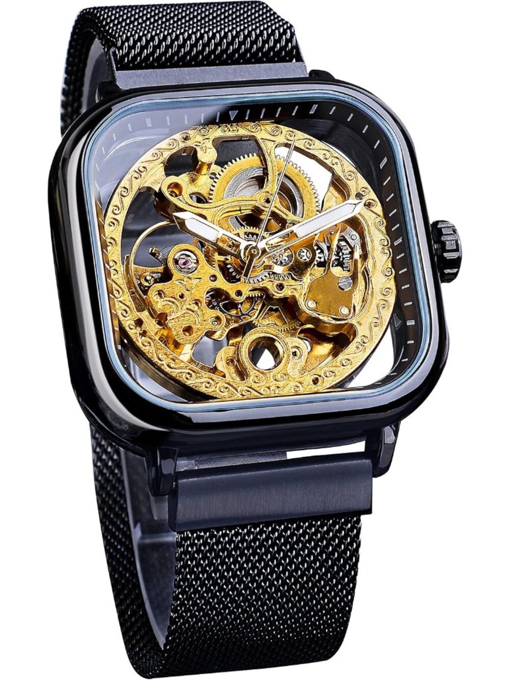 Men's Black Gold Automatic Mechanical Skeleton Stainless Steel Transparent Watch